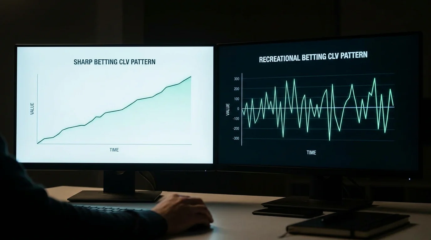 Two betting patterns compared showing consistent positive CLV versus random CLV results