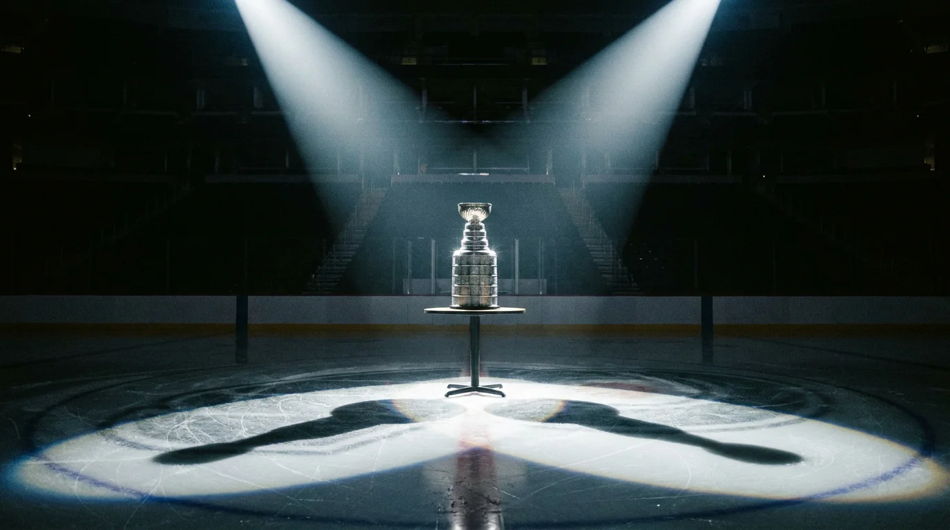 The Stanley Cup trophy displayed on centre ice under spotlights before a playoff game