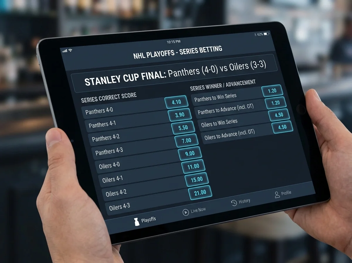 Betting interface showing NHL playoff series correct score and advancement markets