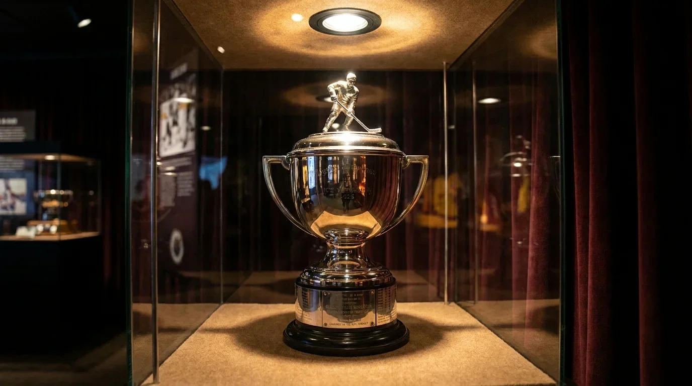 Close-up of a championship hockey trophy on display in a glass case