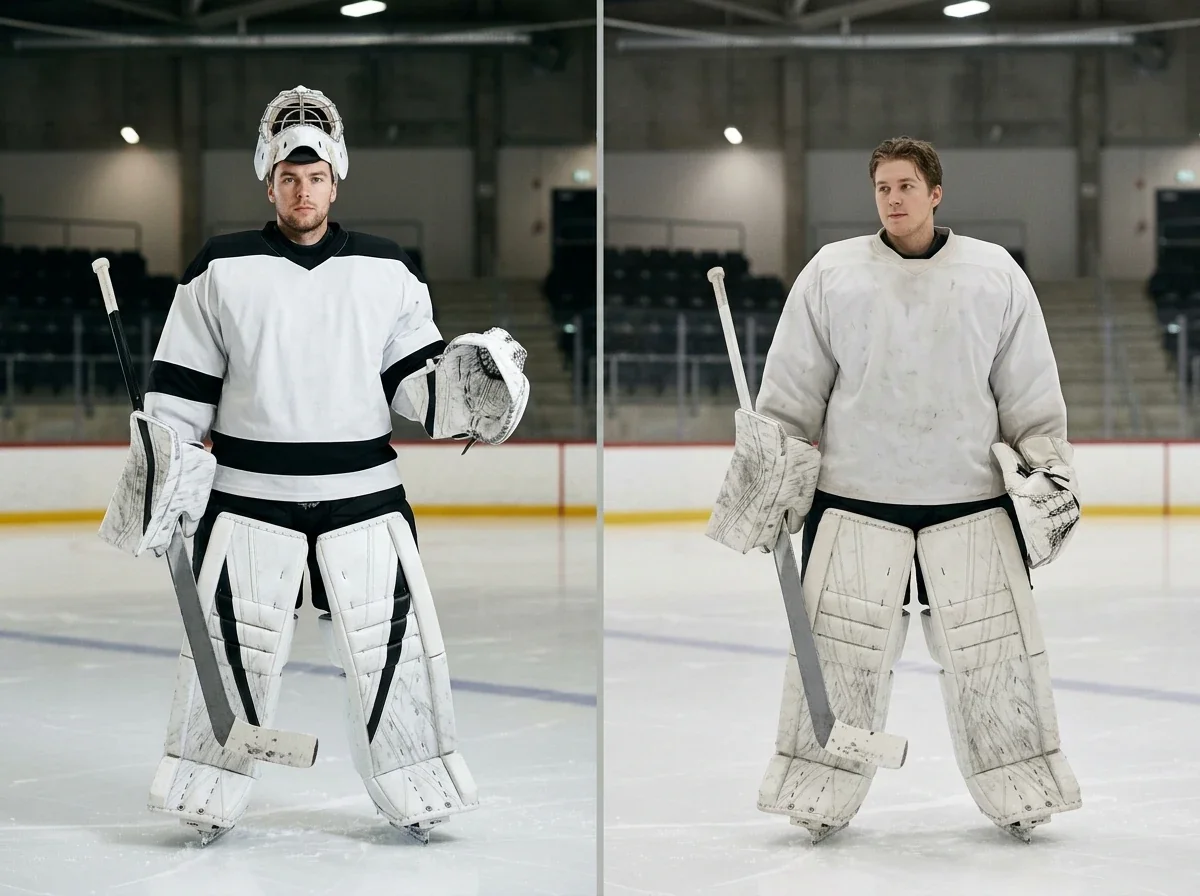 Split image of two hockey goaltenders illustrating starter versus backup quality gap