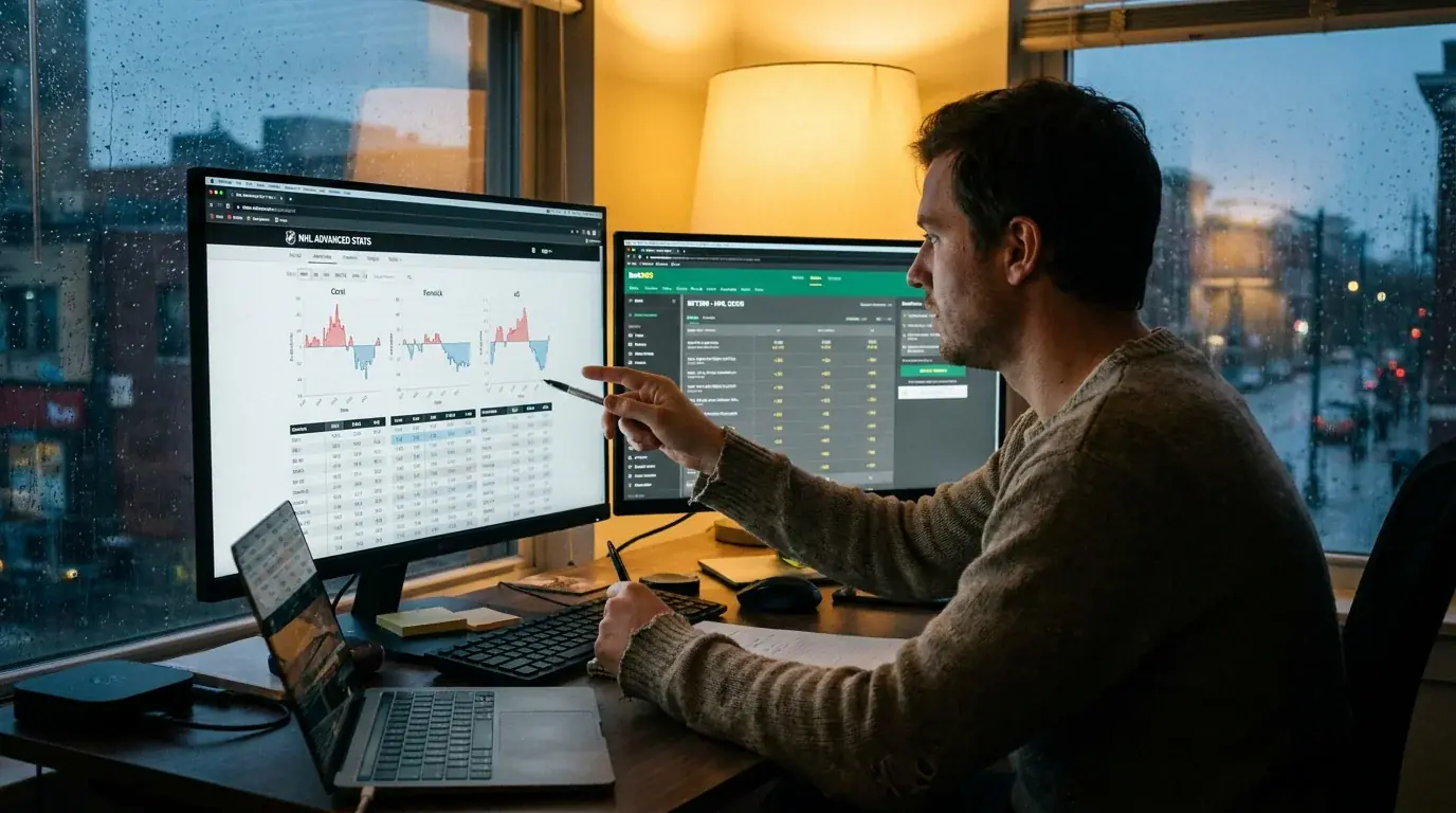 Analyst comparing NHL advanced stats to bookmaker odds on split screens