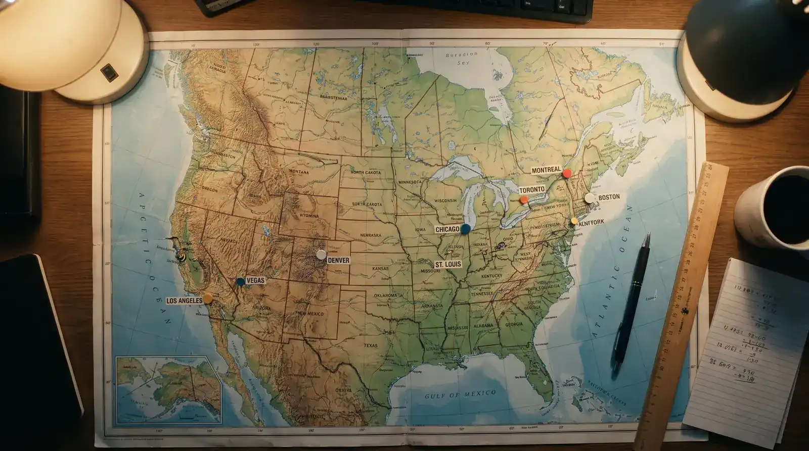 Map showing NHL team locations across North American time zones