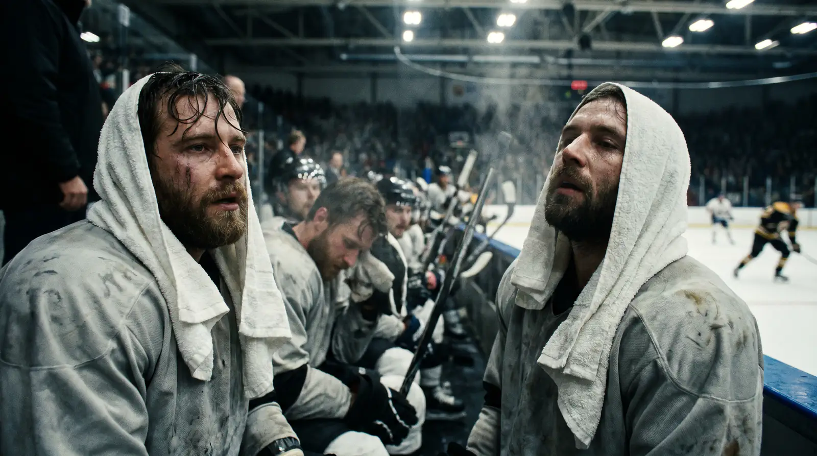 Exhausted ice hockey players on the bench during a late third period