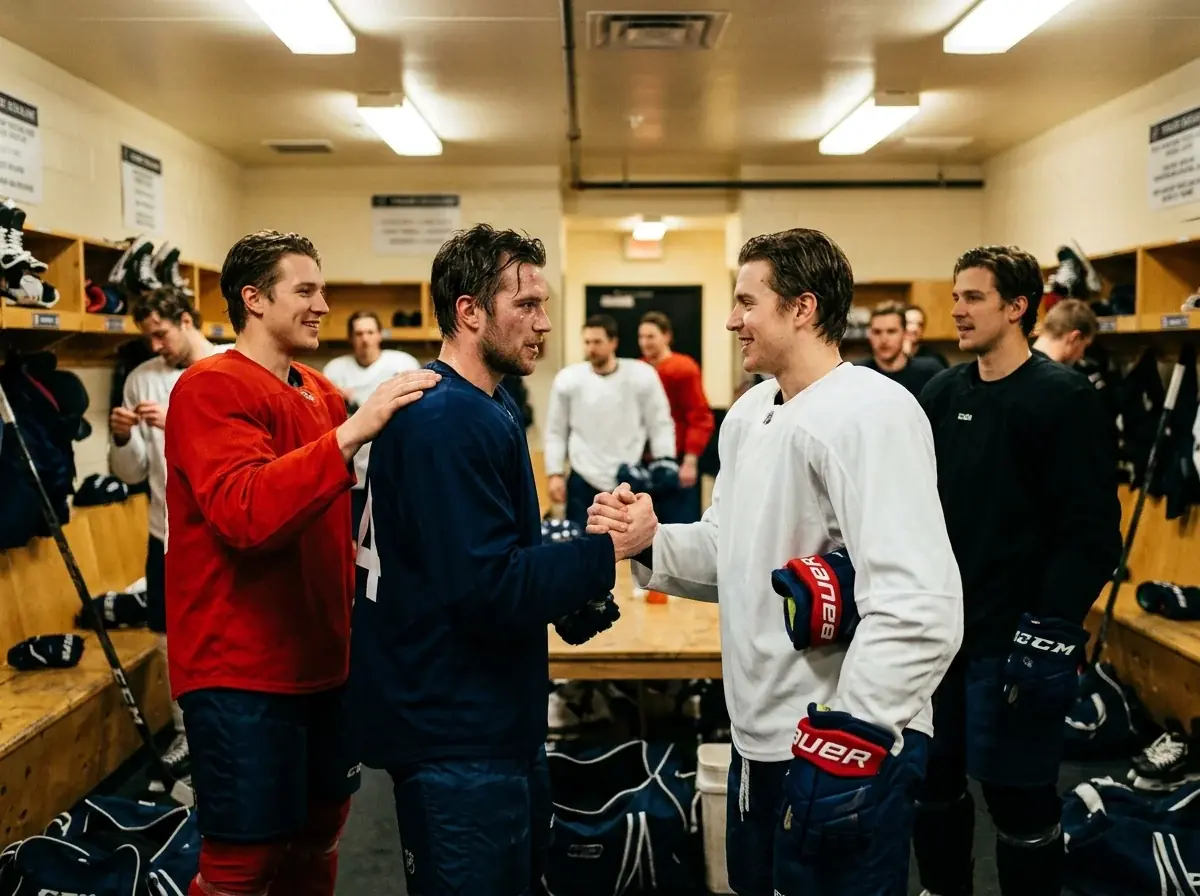 Hockey players being introduced to new teammates after a trade deadline acquisition