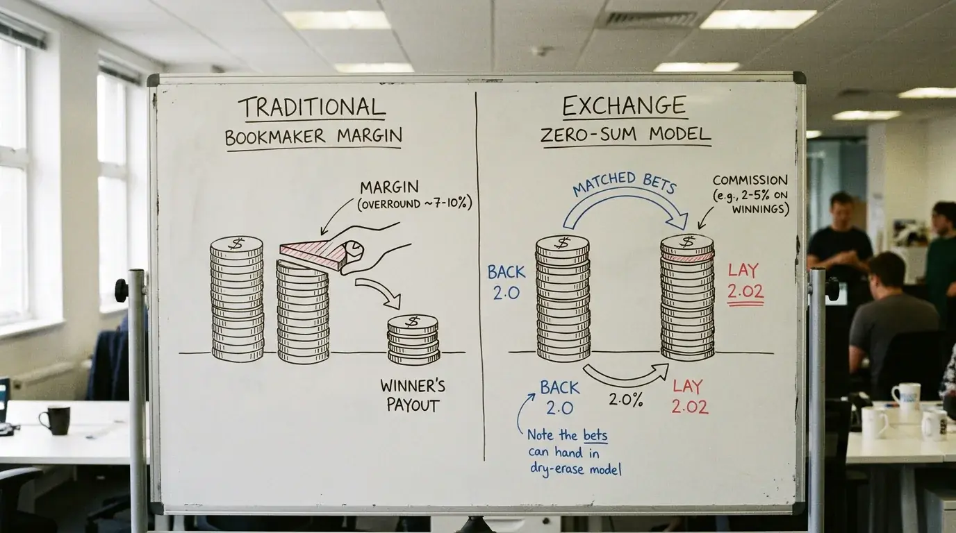 Side-by-side comparison of bookmaker margin model versus exchange zero-sum model