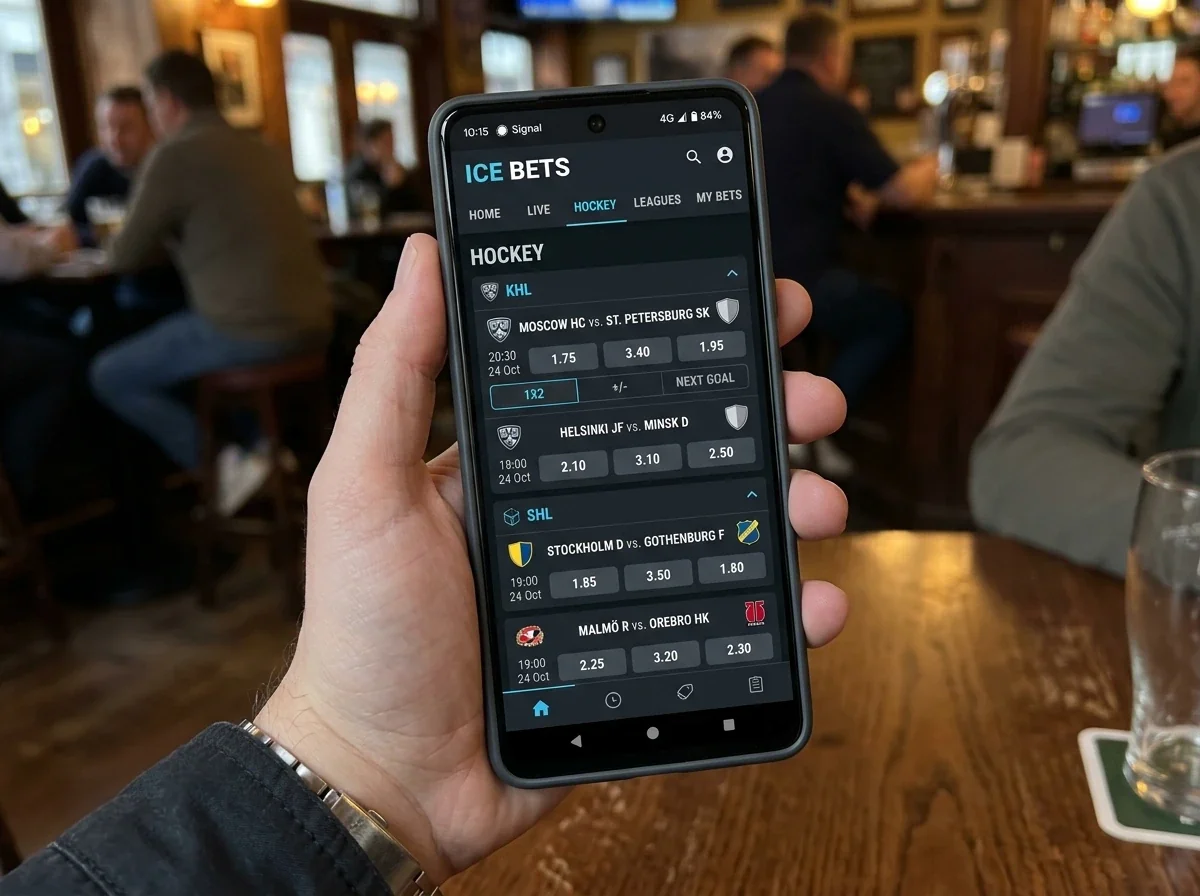 Bookmaker app showing KHL and SHL fixtures available for UK betting customers