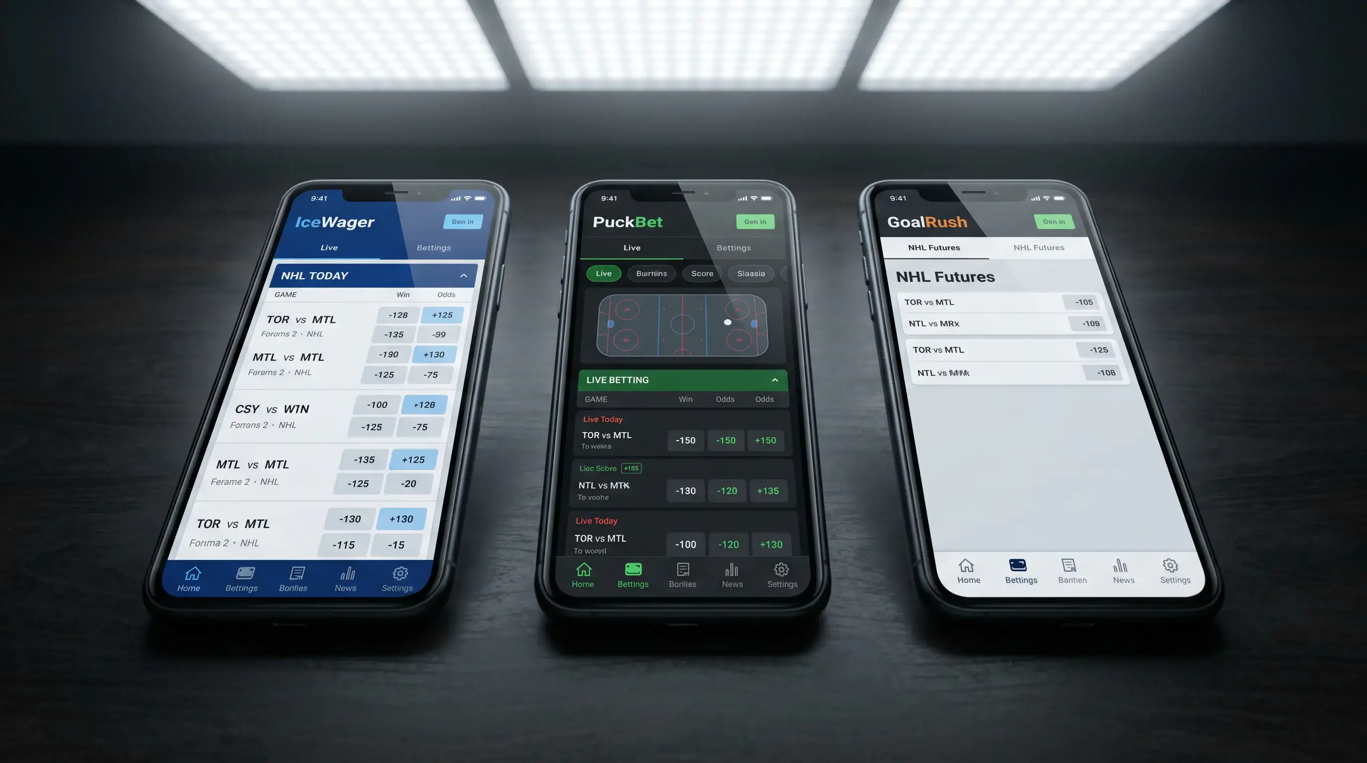 Row of smartphones each showing a different UK bookmaker app with NHL sections open