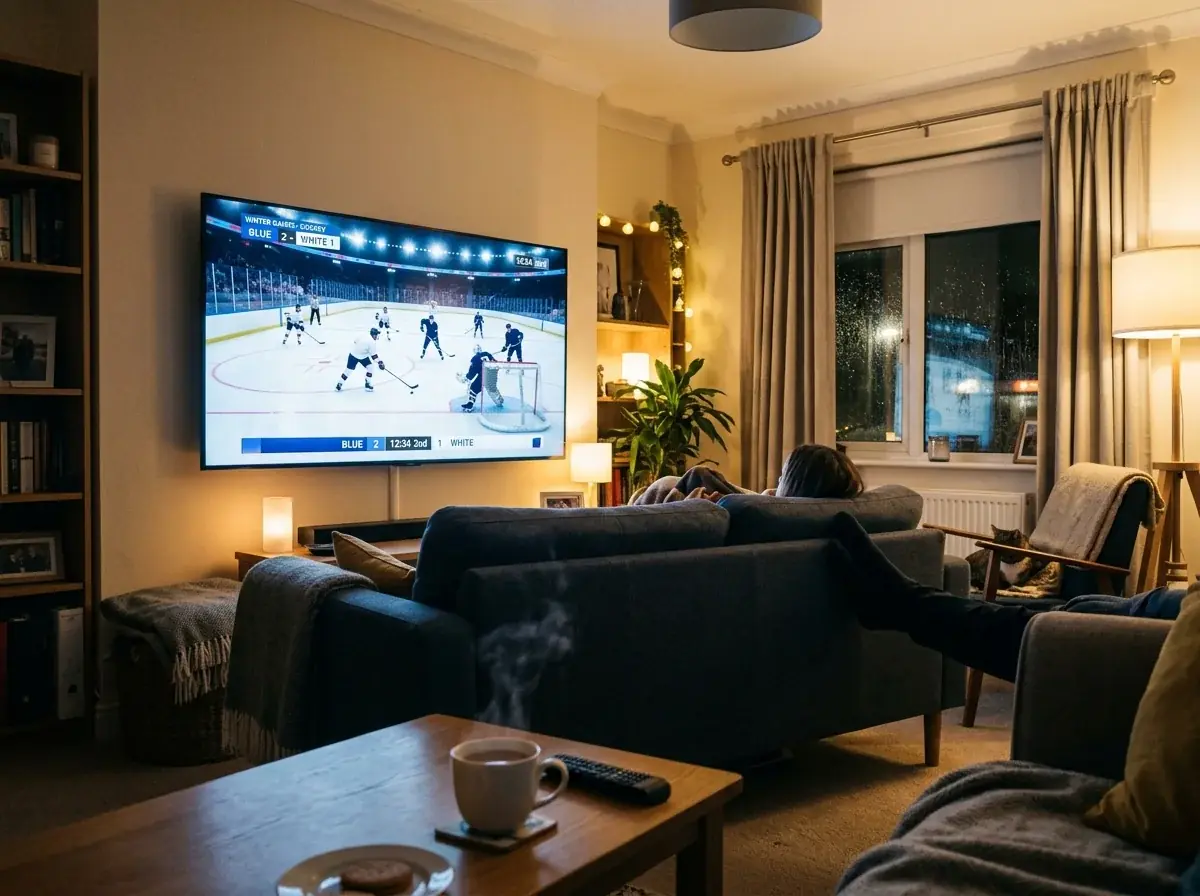 UK living room in the evening with Olympic ice hockey match on television screen