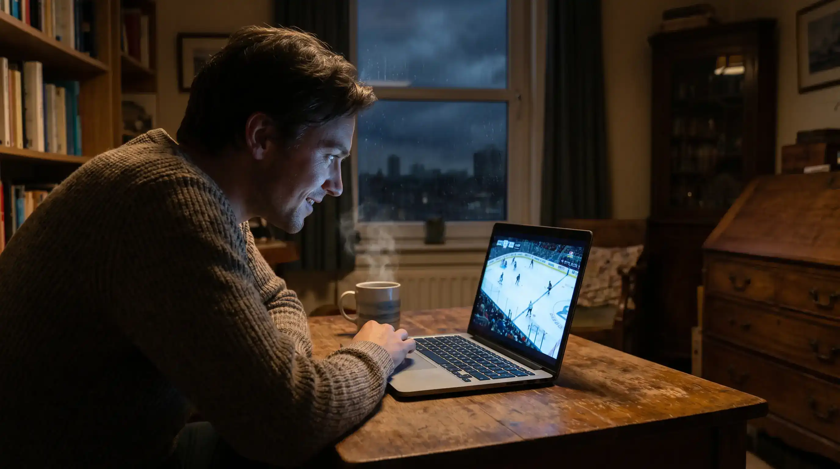 Person watching an NHL ice hockey game on a laptop screen late at night in a dimly lit room