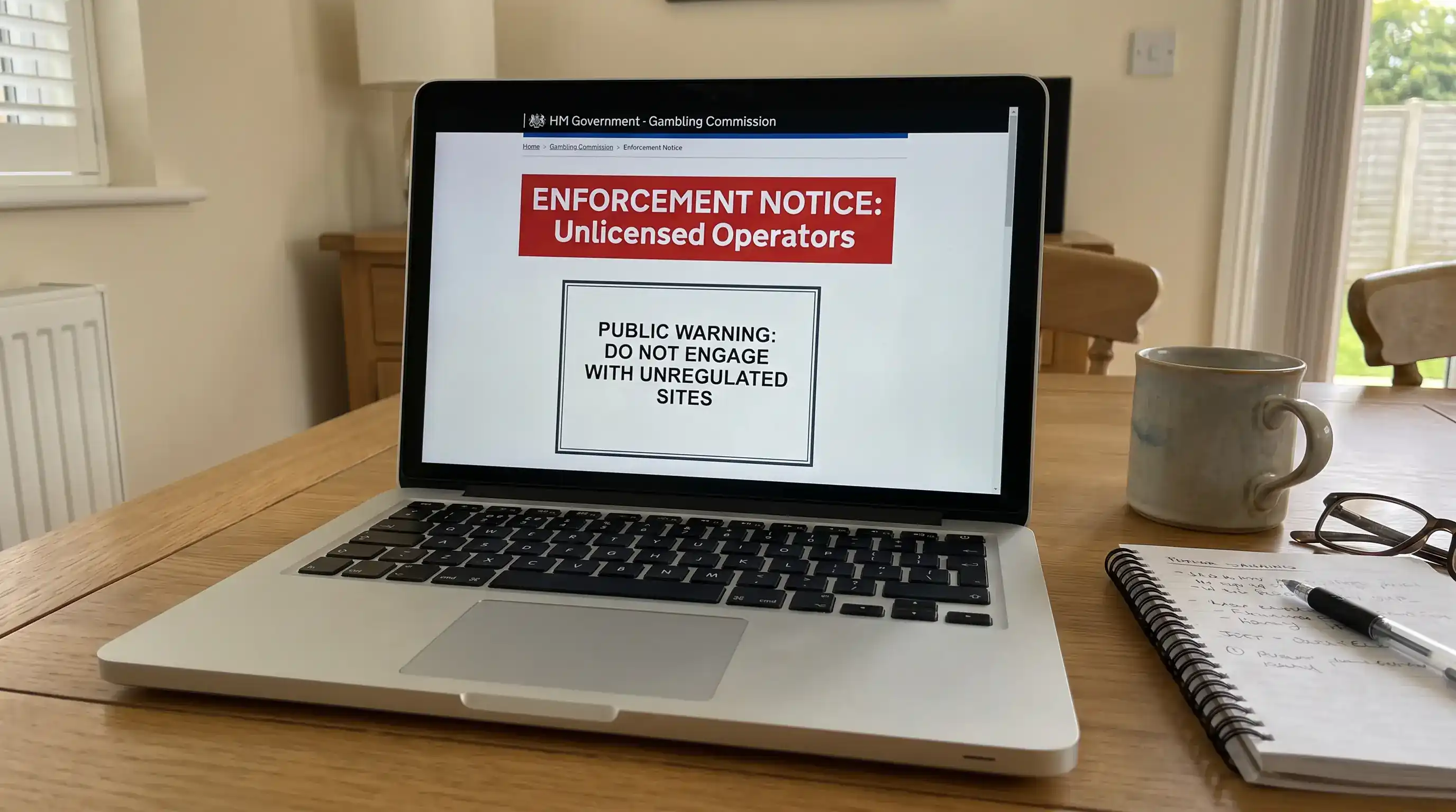 Laptop showing UK Gambling Commission enforcement page about unlicensed operators