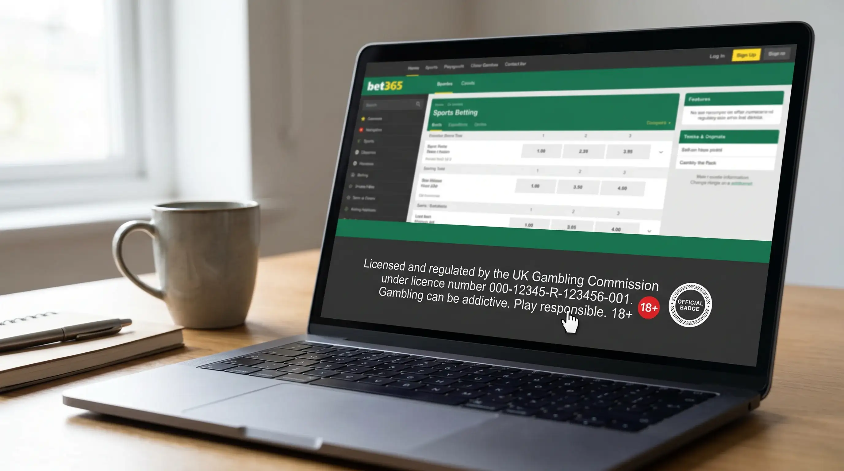 Bookmaker website footer showing UK Gambling Commission licence number and badge