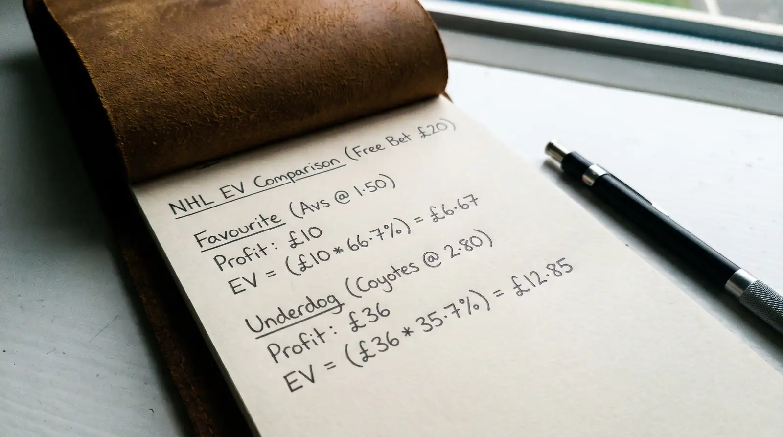 Written expected value comparison of free bet on NHL favourite versus underdog