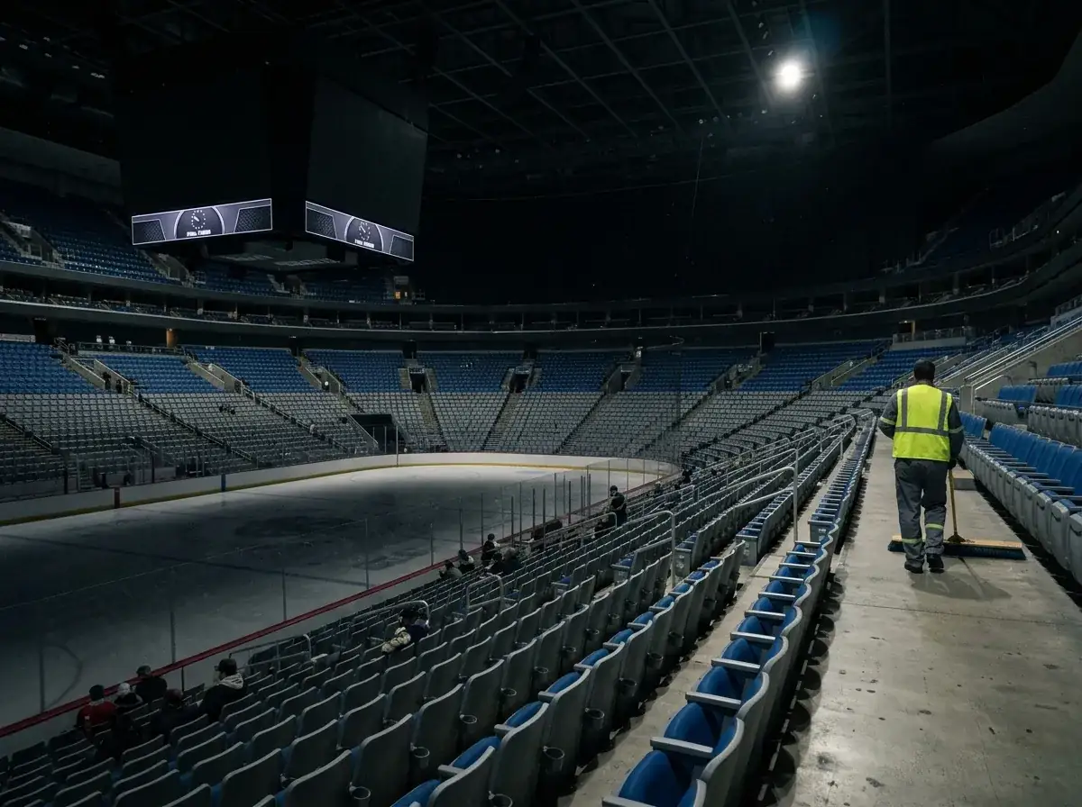 Empty hockey arena with sparse crowd representing eliminated team motivation loss