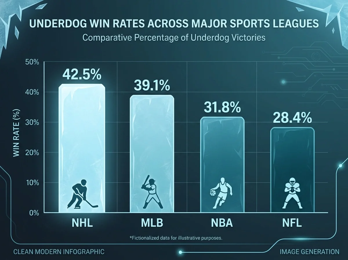 Comparative chart showing underdog win rates across NHL MLB NBA and NFL