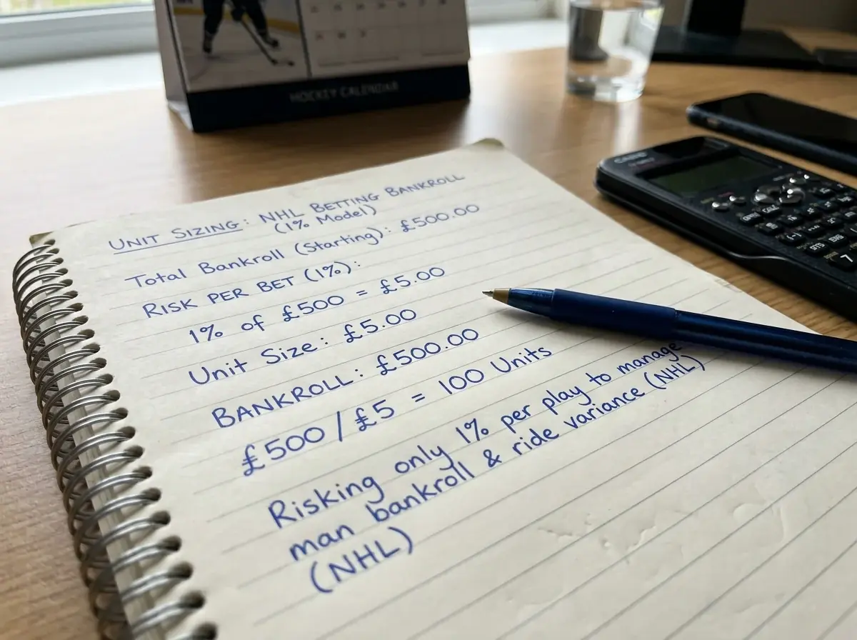 Written example showing 1% unit sizing from a 500 GBP NHL betting bankroll