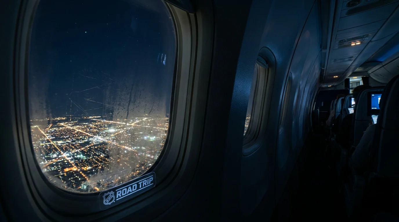 View from airplane window at night depicting cross-country NHL road trip