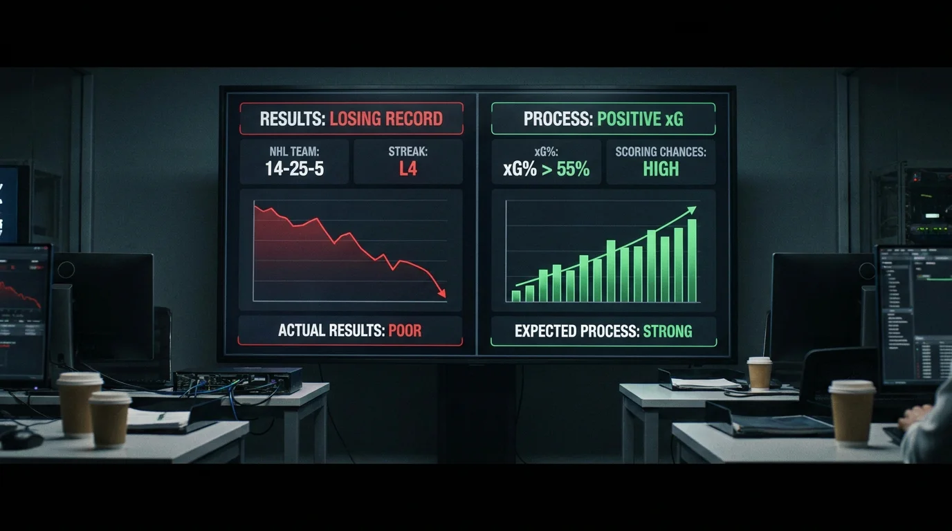 Split screen showing NHL team with losing record but positive expected goals data