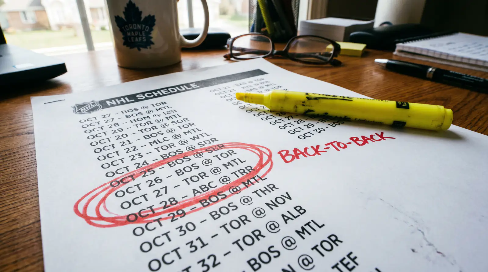 NHL schedule printout with consecutive game dates circled and highlighted